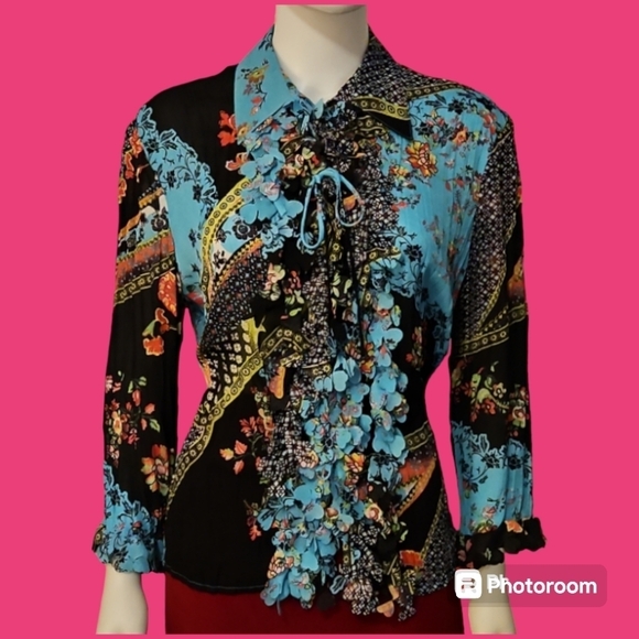 VTG PIANO Turquoise Floral Jabot Button Down Fairycore Castlecore Shirt - Picture 1 of 10